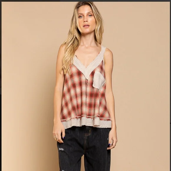 POL PLAID TANK TOP WAFFLE KNIT TRIM V NECK LOW BACK SWING TANK SUMMER TOP BR34 - Picture 5 of 5